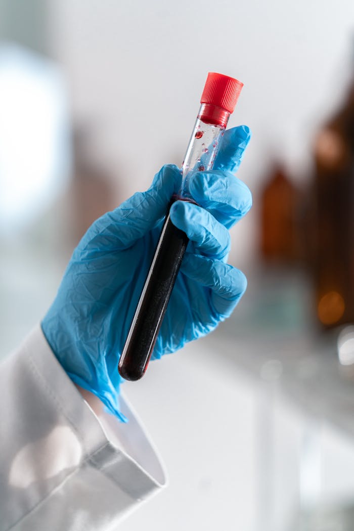 Close-up of a gloved hand holding a blood sample in a laboratory setting.